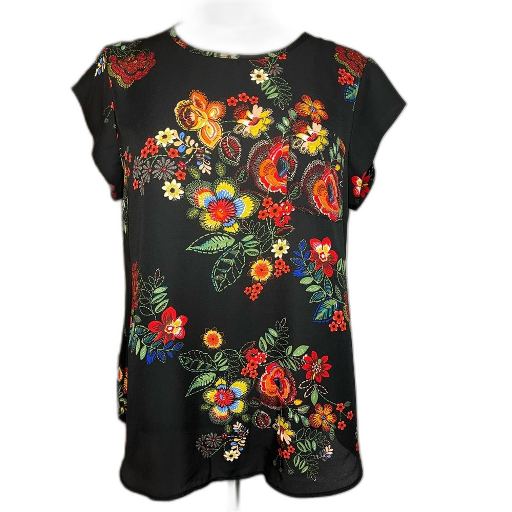 Lily White Floral Black Women's Top - M